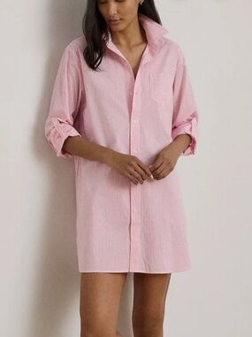 Lauren Ralph Lauren Cotton Sleep Shirt Size M Pink Stripe 3/4 Roll Sleeve